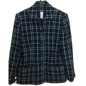 Sag Harbor Women Jacket Size 12 Shimmer Black Blue Plaid Lined Shoulder Pads